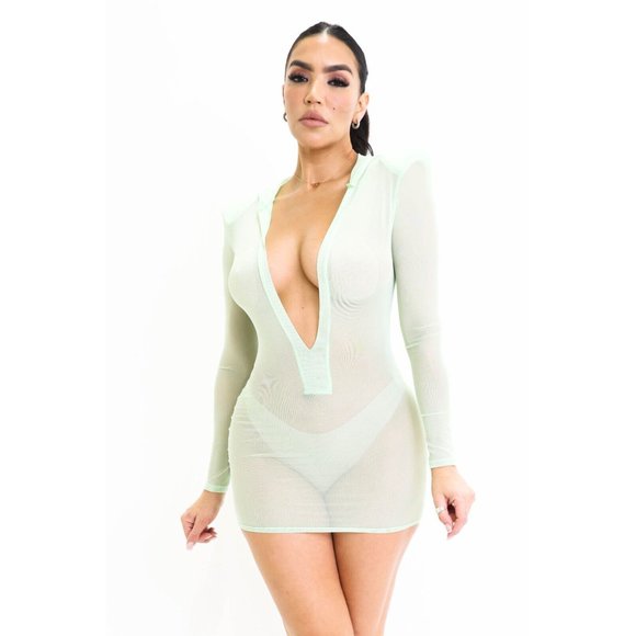 Boutique Other - Women's Casual Deep V-Neck Hooded Mesh Cover-Up Long Sleeve Mini Dress S, M, L